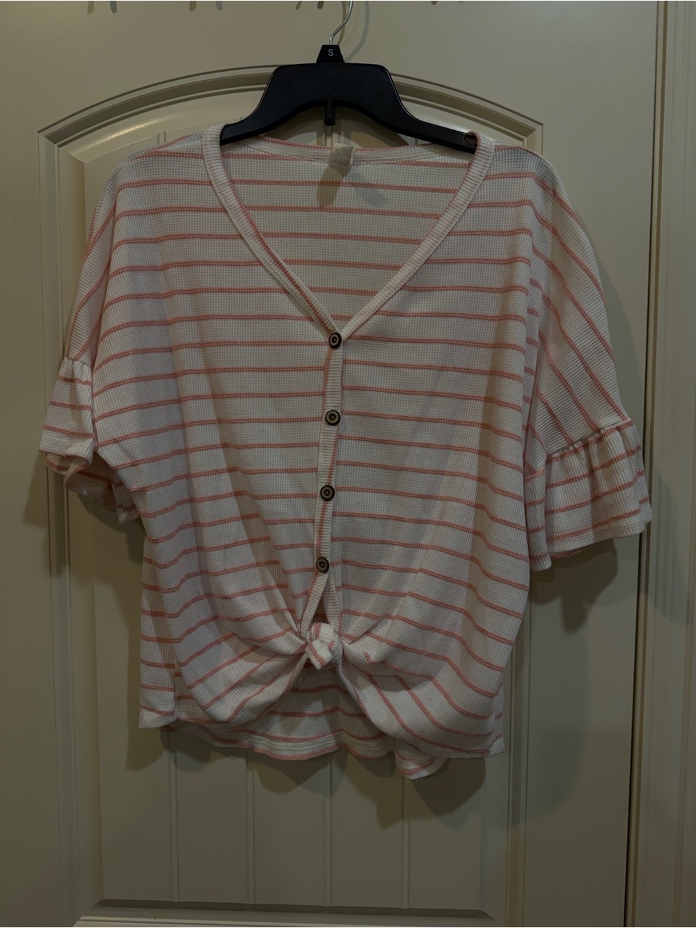 Women's Pink Stripe Knot-Front Button Top